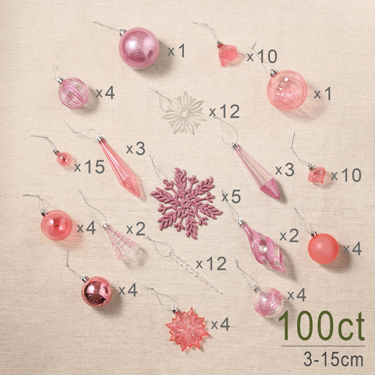 100ct Pink Shatterproof Plastic Christmas Ornaments Set
