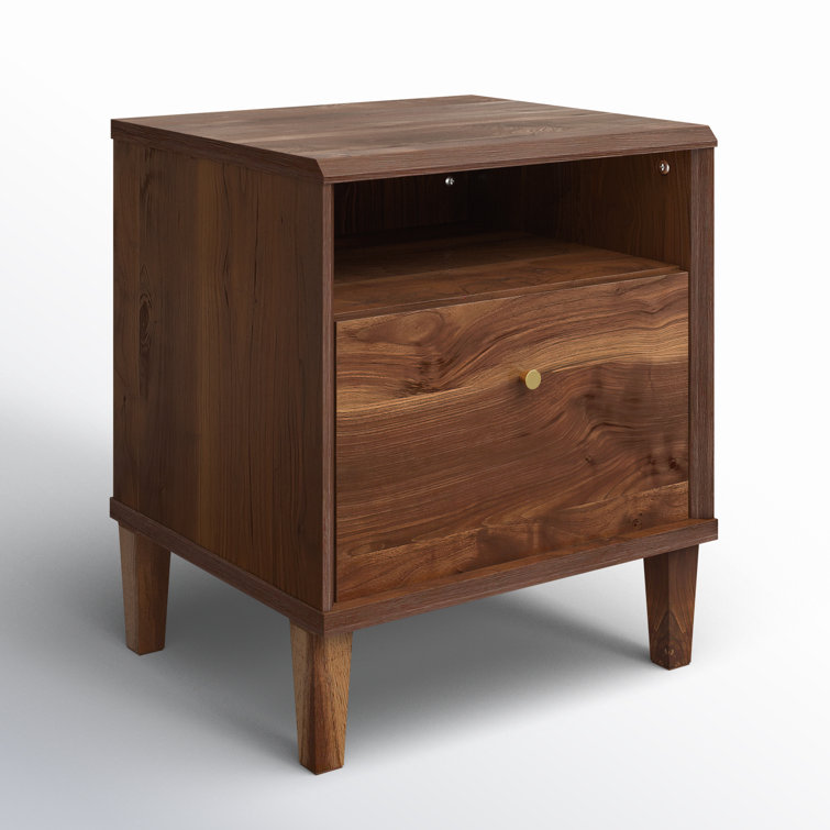 Grand Walnut Contemporary 1-Drawer Nightstand with Open Shelf