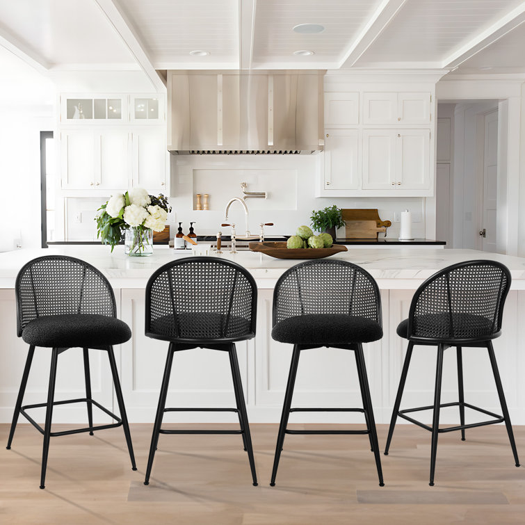 Black Boucle Upholstered Swivel Counter Stools with Iron Frame