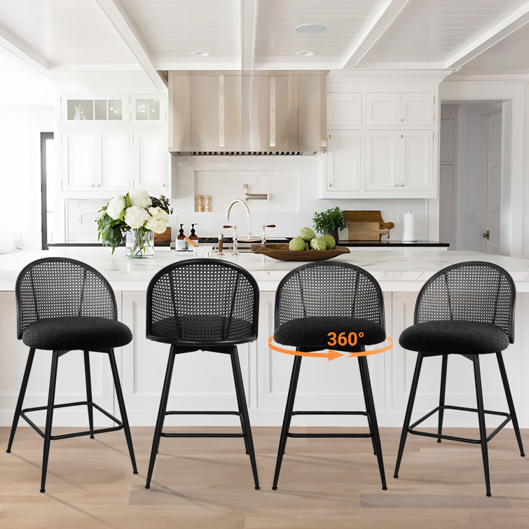 Black Boucle Upholstered Swivel Counter Stools with Iron Frame
