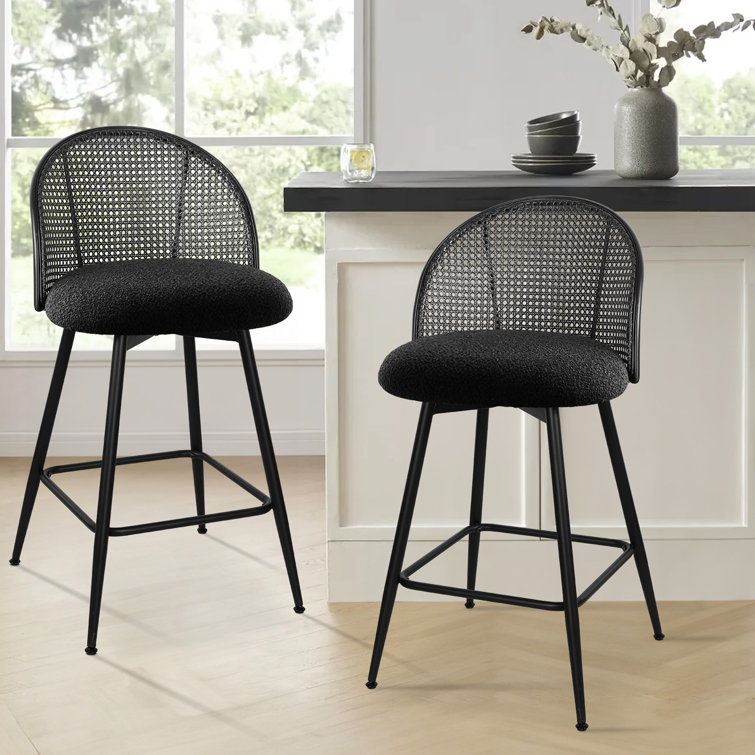 Black Boucle Upholstered Swivel Counter Stools with Iron Frame