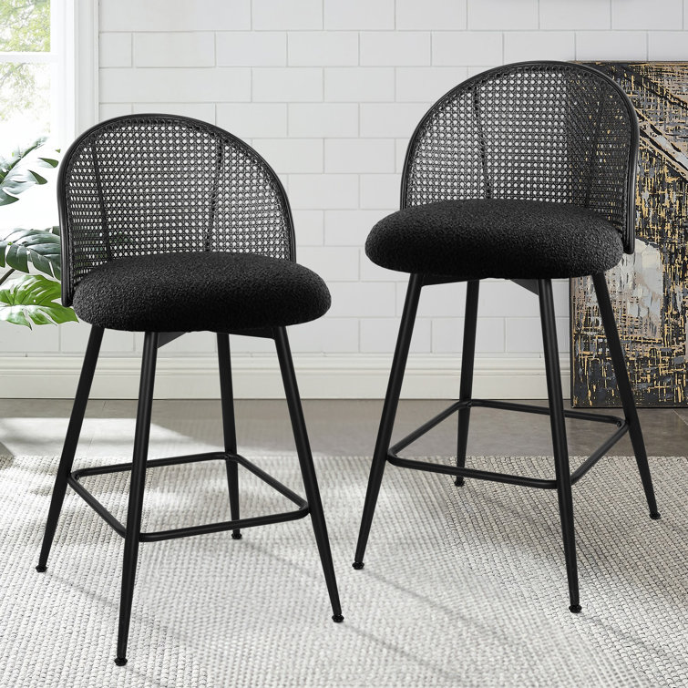 Black Boucle Upholstered Swivel Counter Stools with Iron Frame