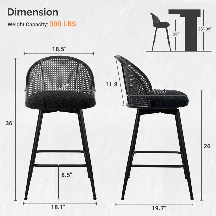 Black Boucle Upholstered Swivel Counter Stools with Iron Frame