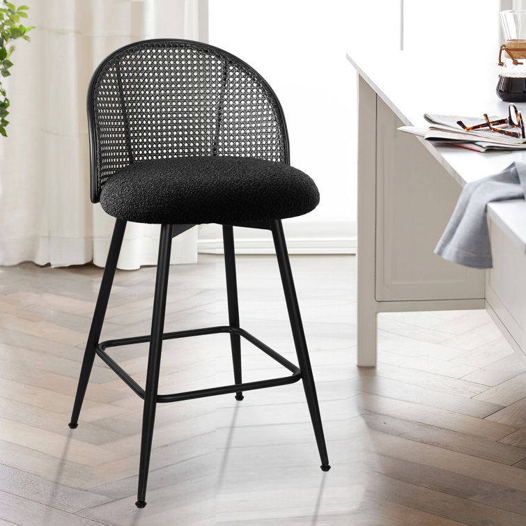 Black Boucle Upholstered Swivel Counter Stools with Iron Frame
