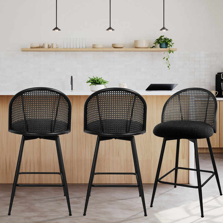 Black Boucle Upholstered Swivel Counter Stools with Iron Frame