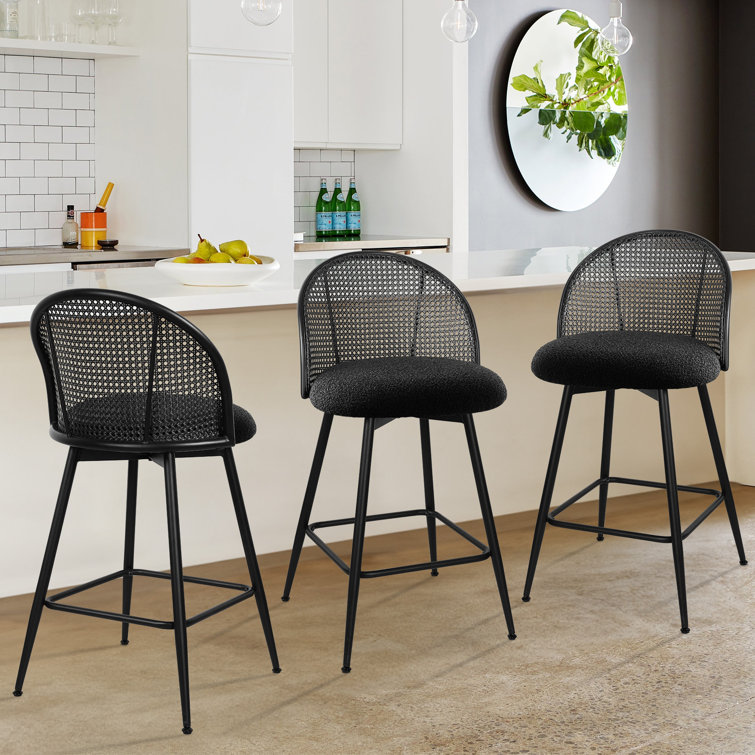 Black Boucle Upholstered Swivel Counter Stools with Iron Frame