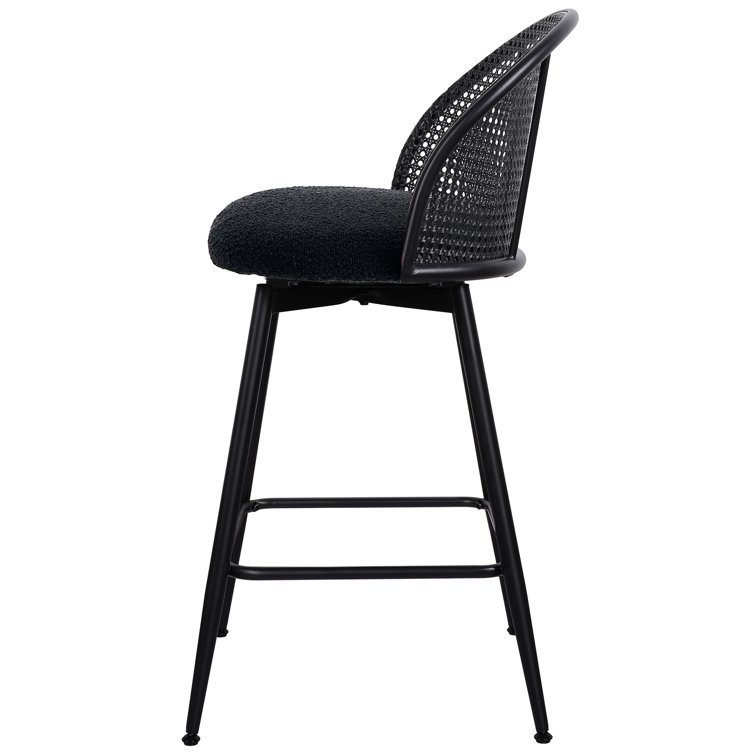 Black Boucle Upholstered Swivel Counter Stools with Iron Frame