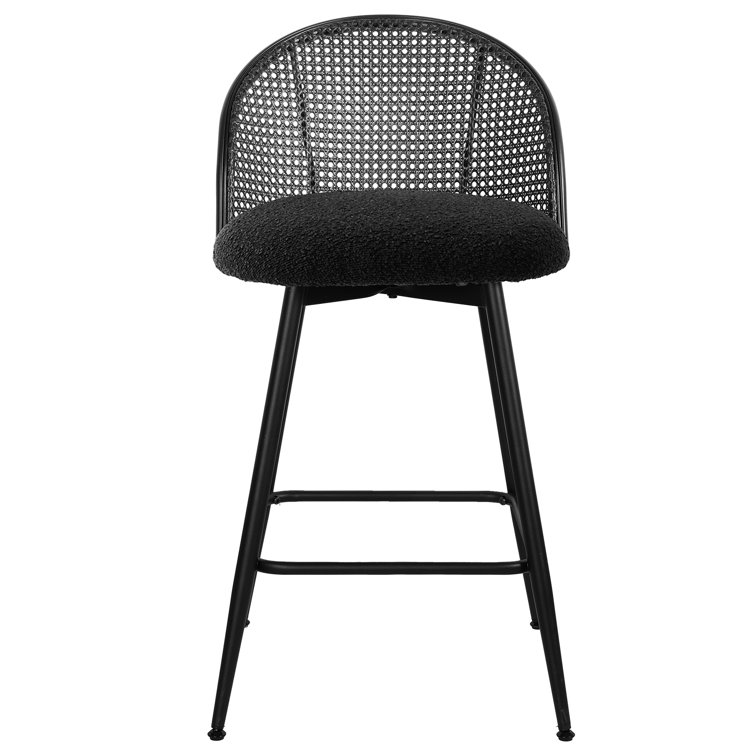 Black Boucle Upholstered Swivel Counter Stools with Iron Frame