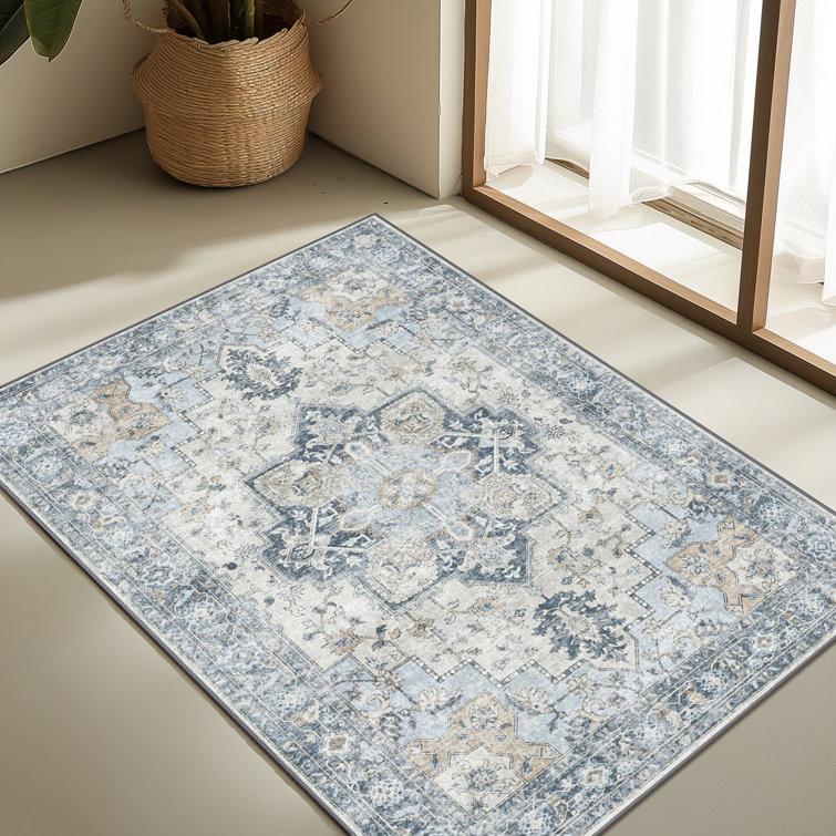 Blue and Beige Diamond Chenille 9' x 12' Washable Area Rug