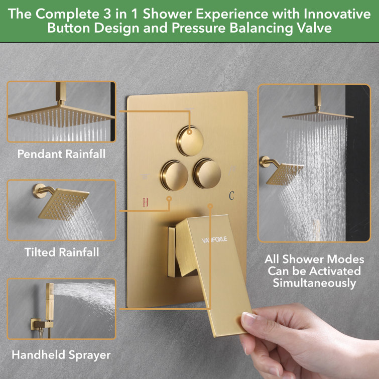 Brushed Gold Wall Mounted Shower System with Push Button Diverter