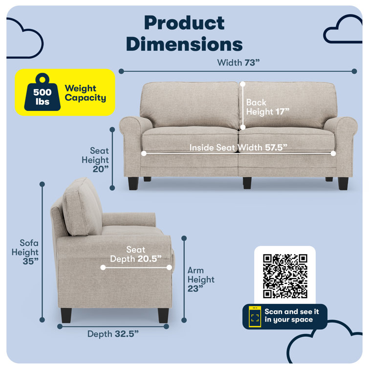 Copenhagen 73" Light Gray Fabric Sofa with Pillowed Back and Rounded Arms
