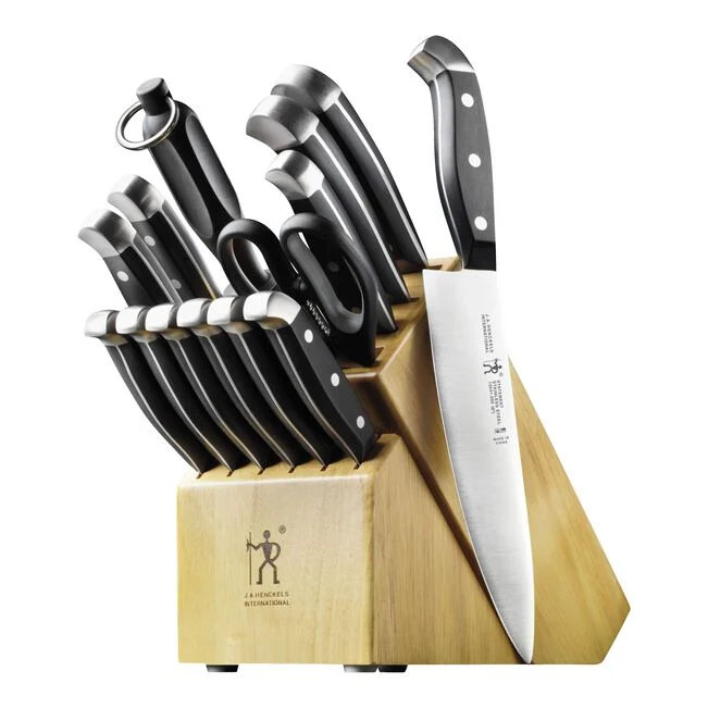 HENCKELS Statement 15-Piece Kitchen Knife Set with Block, Chef Knife, Steak Knife set, Kitchen Knife Sharpener, Light Brown, Stainless Steel