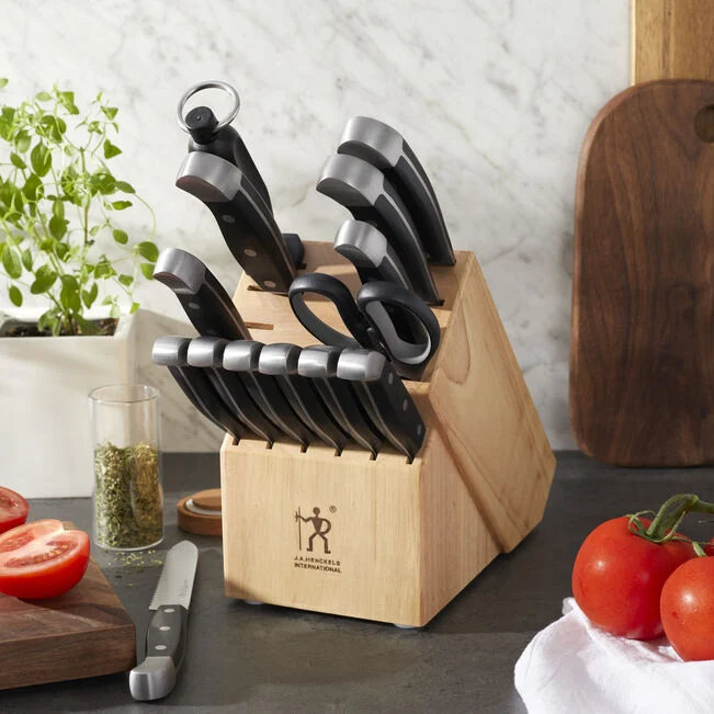 HENCKELS Statement 15-Piece Kitchen Knife Set with Block, Chef Knife, Steak Knife set, Kitchen Knife Sharpener, Light Brown, Stainless Steel