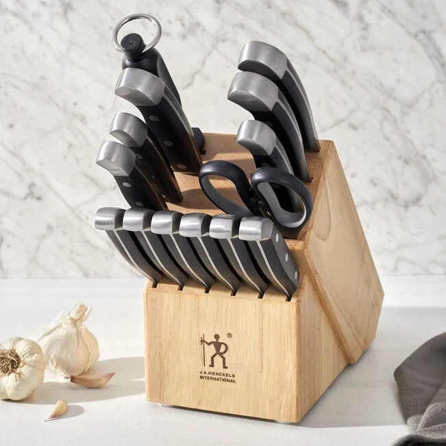HENCKELS Statement 15-Piece Kitchen Knife Set with Block, Chef Knife, Steak Knife set, Kitchen Knife Sharpener, Light Brown, Stainless Steel