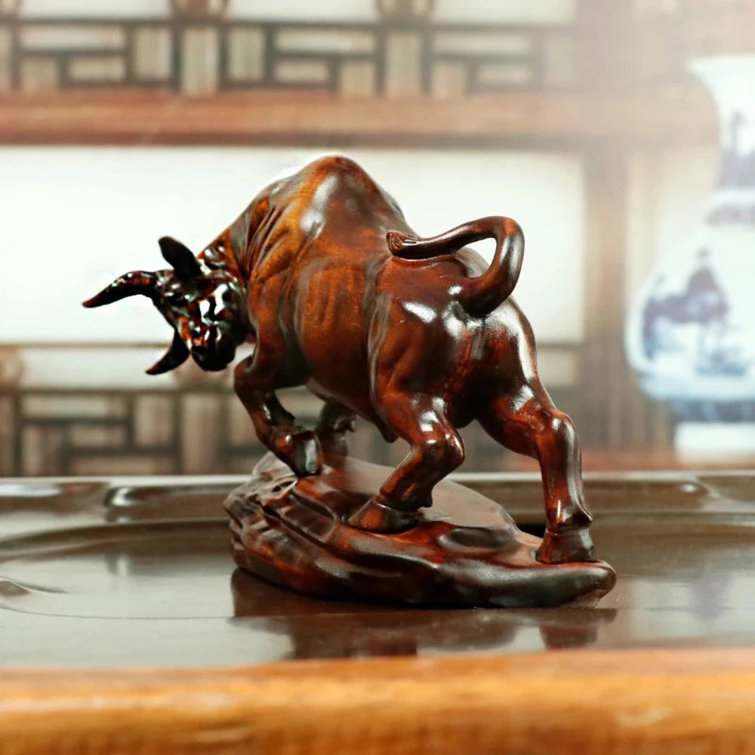 Handmade Brown Boxwood Ox Bull Figurine Sculpture