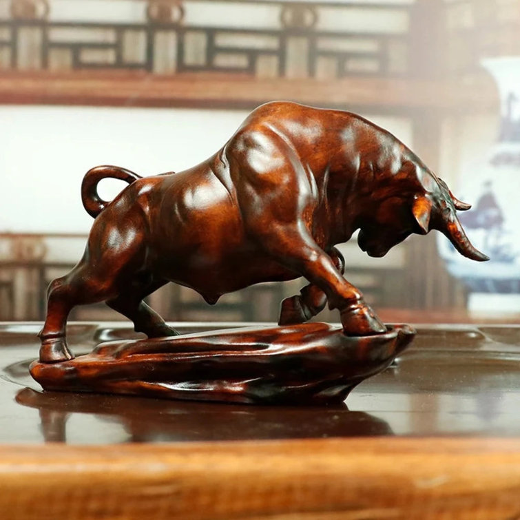 Handmade Brown Boxwood Ox Bull Figurine Sculpture