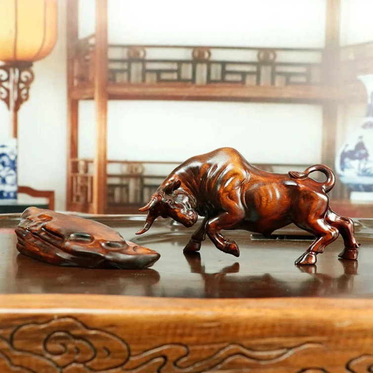 Handmade Brown Boxwood Ox Bull Figurine Sculpture