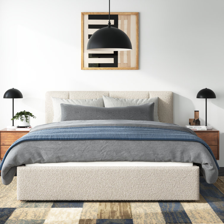 Cream Beige Boucle Upholstered Queen Bed with Tufted Headboard