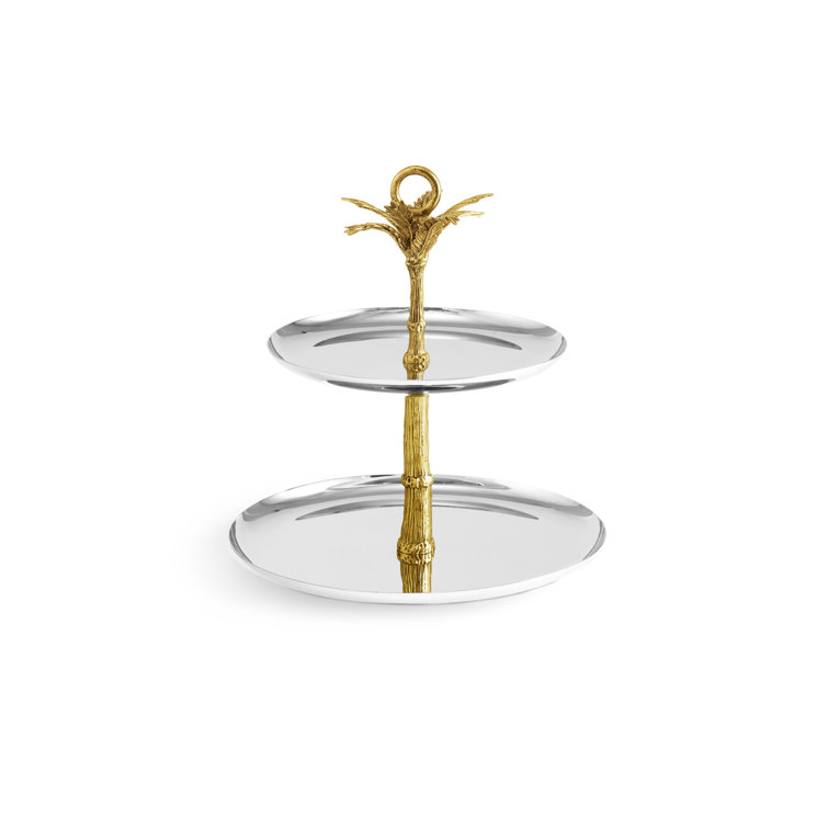 Silver and Gold Round 2-Tier Metal Server with Palm Design