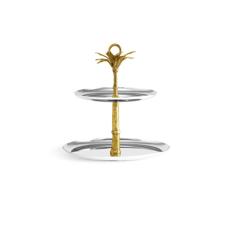 Silver and Gold Round 2-Tier Metal Server with Palm Design
