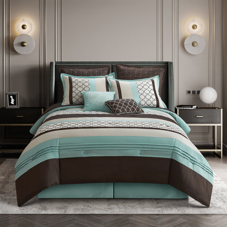 Aqua and Brown King Microfiber 8-Piece Comforter Set