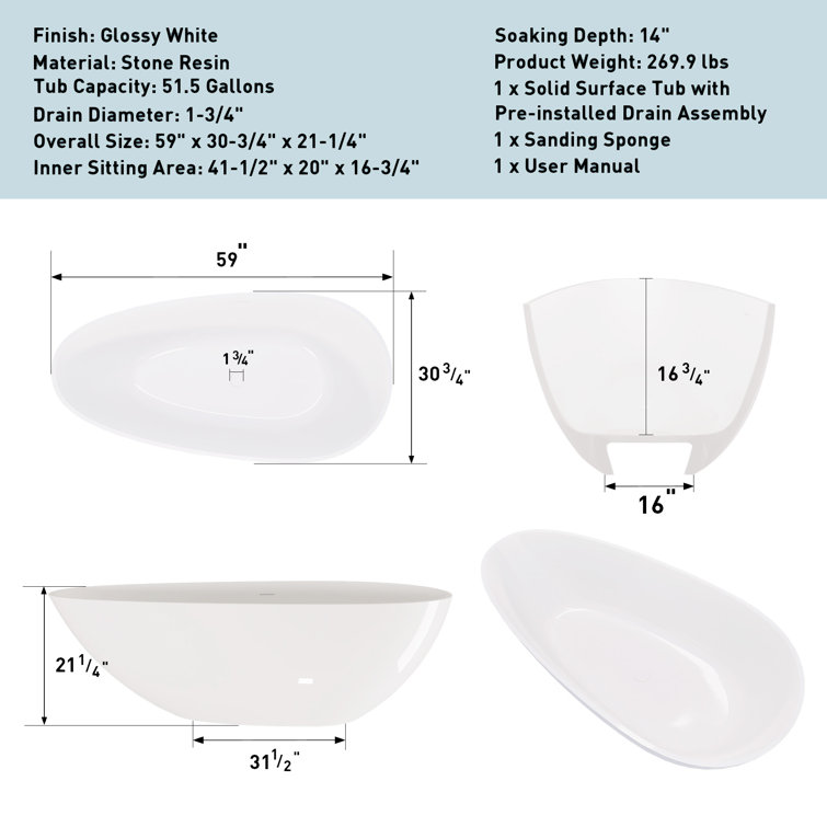 Glossy White 59" Freestanding Solid Surface Bathtub