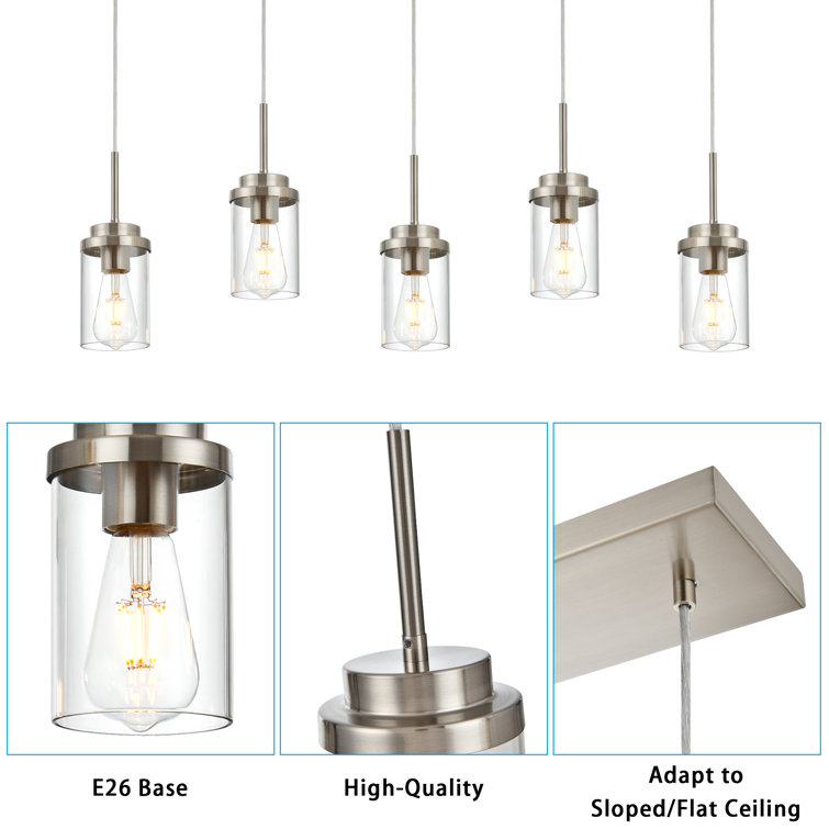Brushed Nickel 5-Light Linear Kitchen Island Pendant with Clear Glass Shades