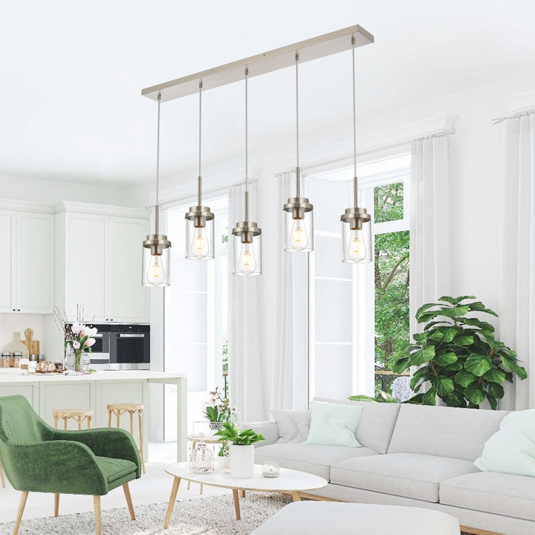 Brushed Nickel 5-Light Linear Kitchen Island Pendant with Clear Glass Shades