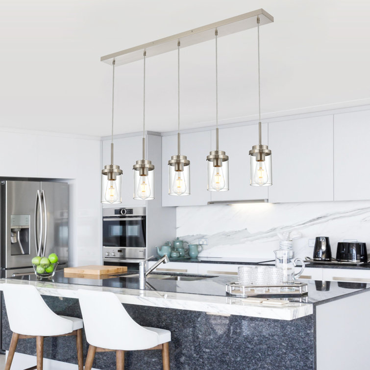 Brushed Nickel 5-Light Linear Kitchen Island Pendant with Clear Glass Shades