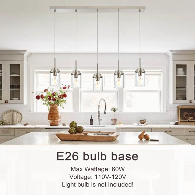 Brushed Nickel 5-Light Linear Kitchen Island Pendant with Clear Glass Shades