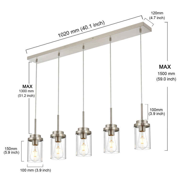 Brushed Nickel 5-Light Linear Kitchen Island Pendant with Clear Glass Shades