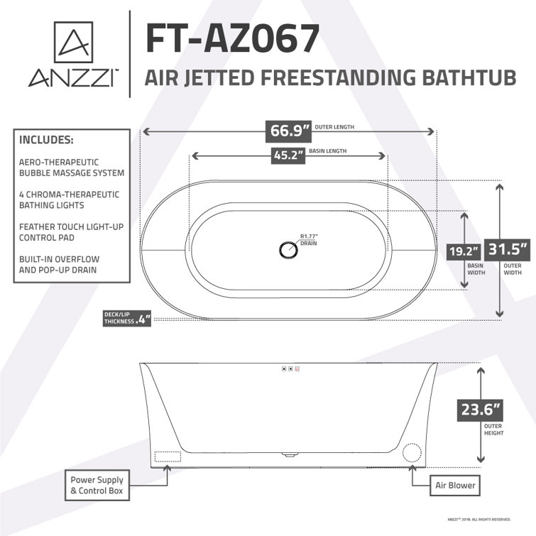 Jericho 67" Glossy White Acrylic Freestanding Jetted Bathtub