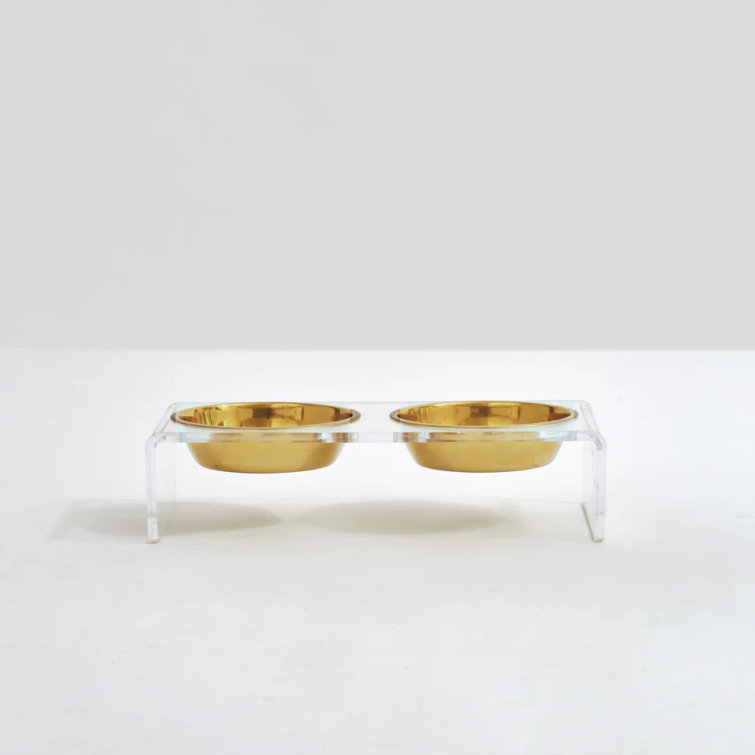 Small Clear Acrylic Elevated Feeder with Gold Bowls