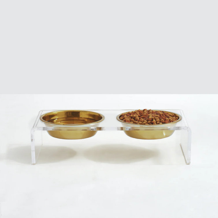 Small Clear Acrylic Elevated Feeder with Gold Bowls