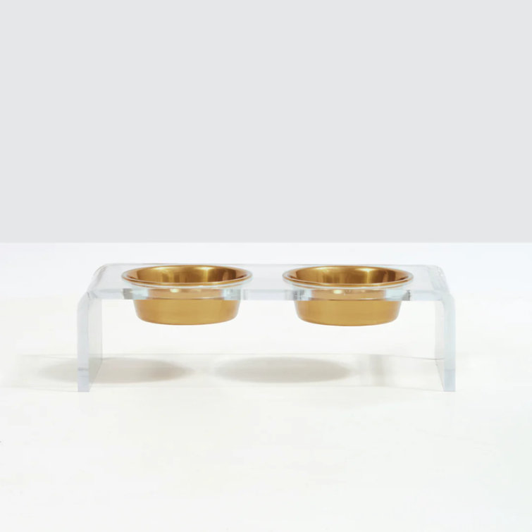 Small Clear Acrylic Elevated Feeder with Gold Bowls