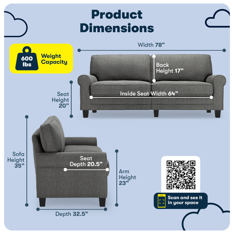 Gray Fabric Rolled Arm Sofa with Removable Cushions