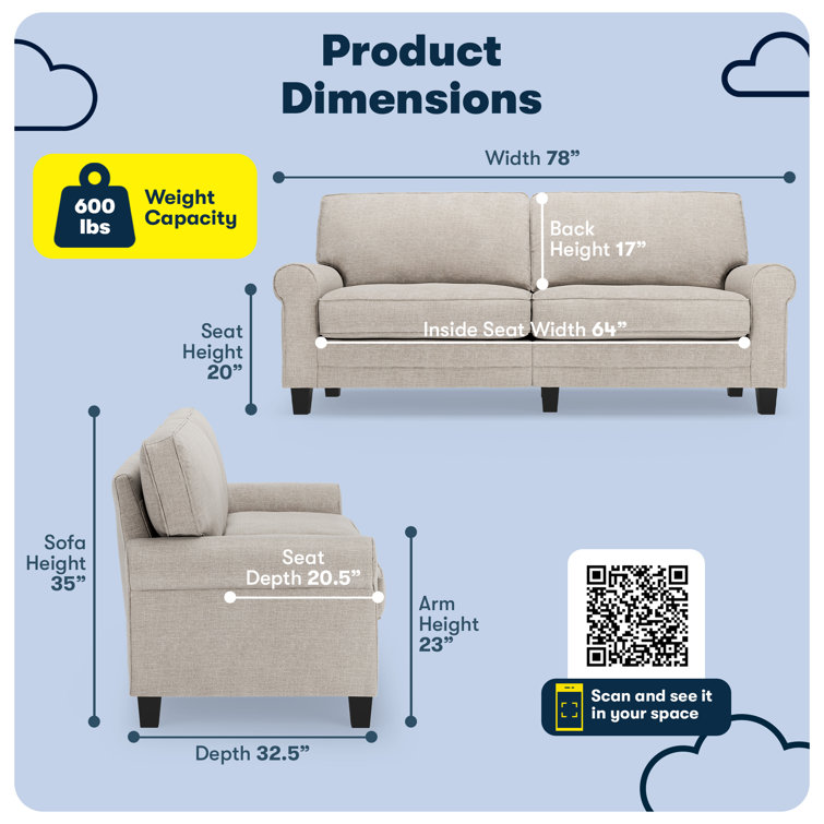 Copenhagen Light Gray 78" Microfiber Sofa with Rounded Arms and Removable Cushions