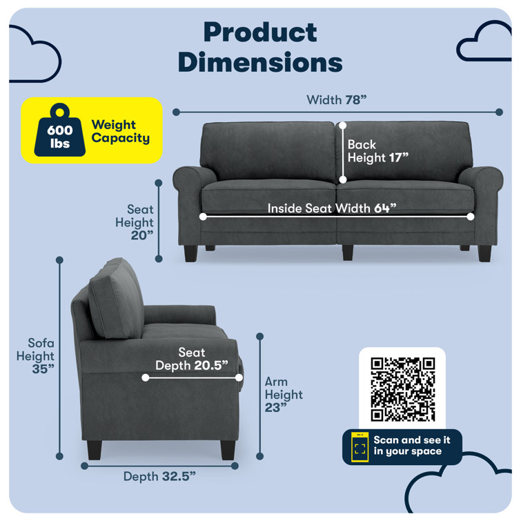 Charcoal Microfiber Rolled Arm Sofa with Pillow Back