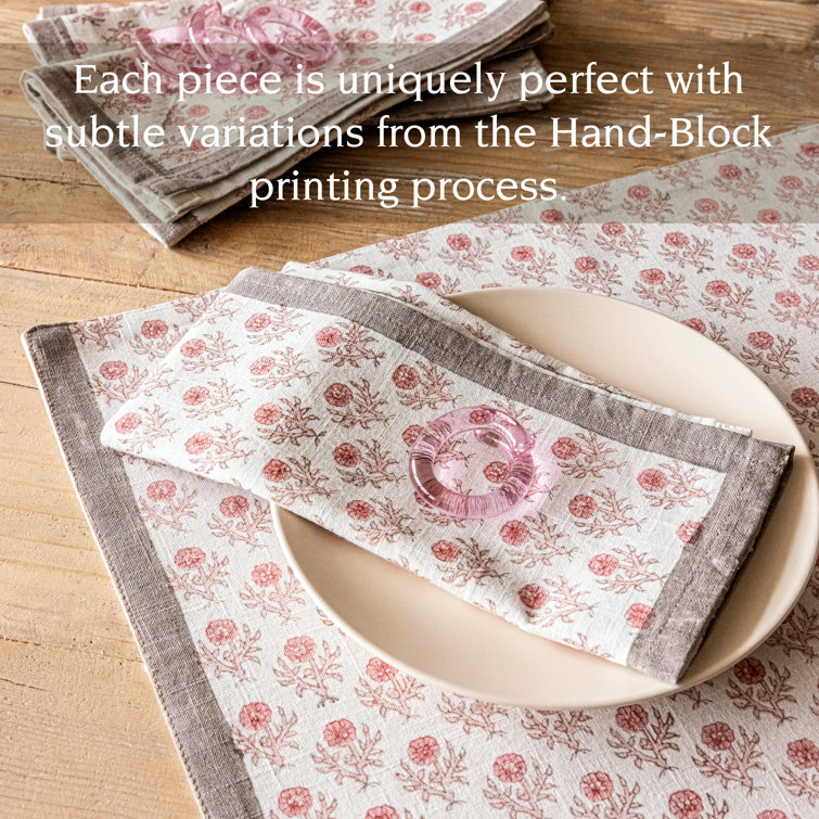 Hand-Blocked Pink Bloom Cotton Cloth Napkins, Set of 4