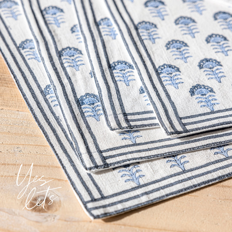 Set of 4 Blue Flower Hand-Blocked Cotton Placemats