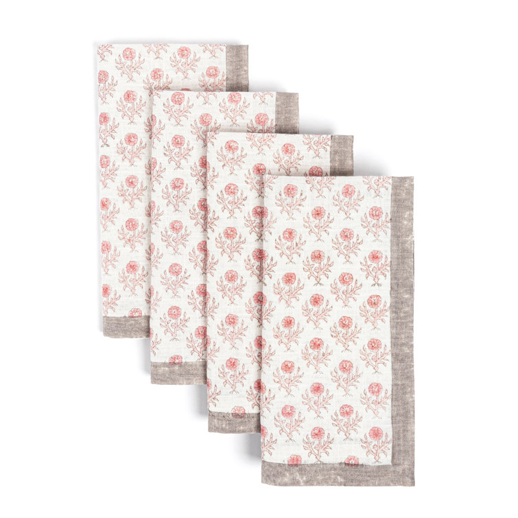 Hand-Blocked Pink Bloom Cotton Cloth Napkins, Set of 4