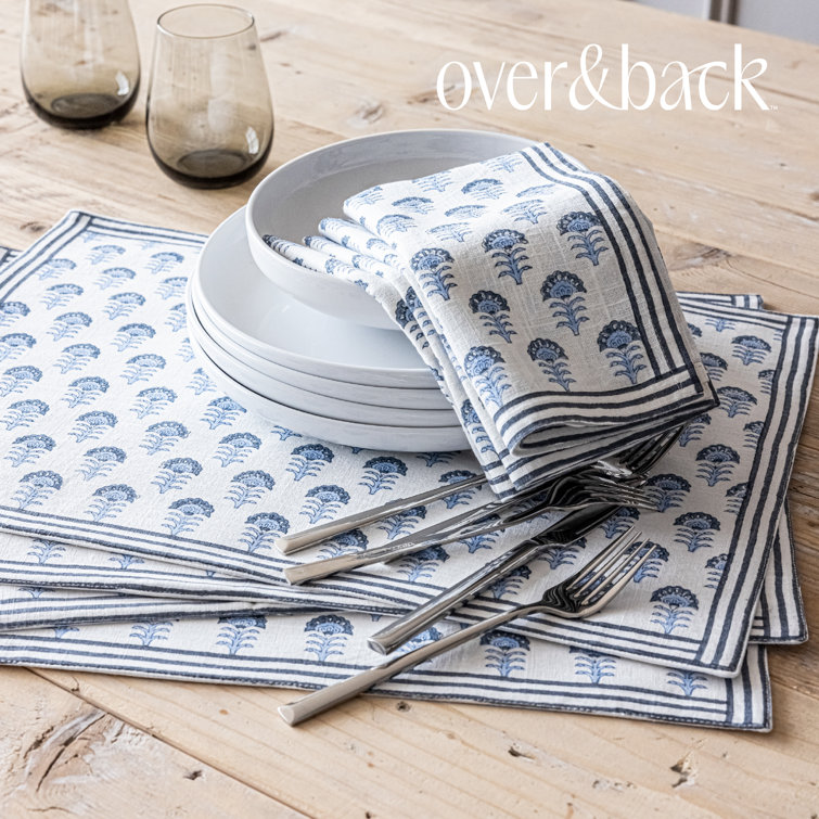 Set of 4 Blue Flower Hand-Blocked Cotton Placemats