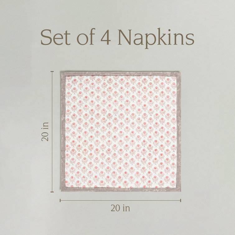 Hand-Blocked Pink Bloom Cotton Cloth Napkins, Set of 4