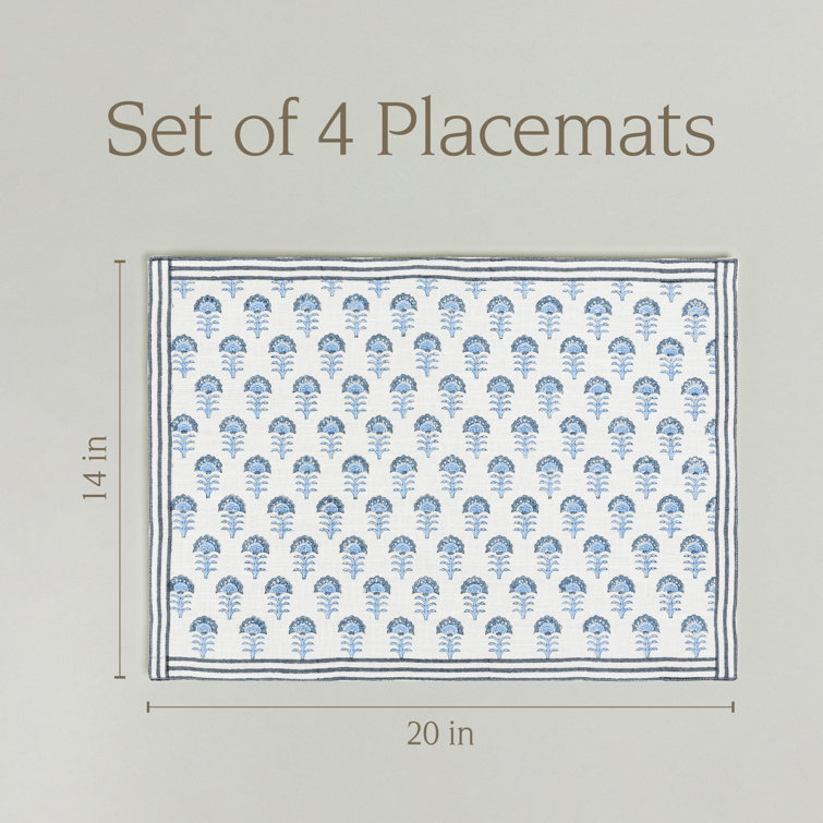 Set of 4 Blue Flower Hand-Blocked Cotton Placemats