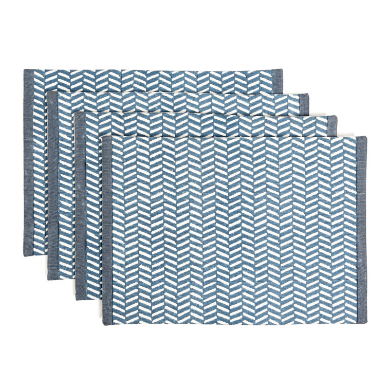 Blue Herringbone Cotton Hand-Blocked Placemats Set of 4