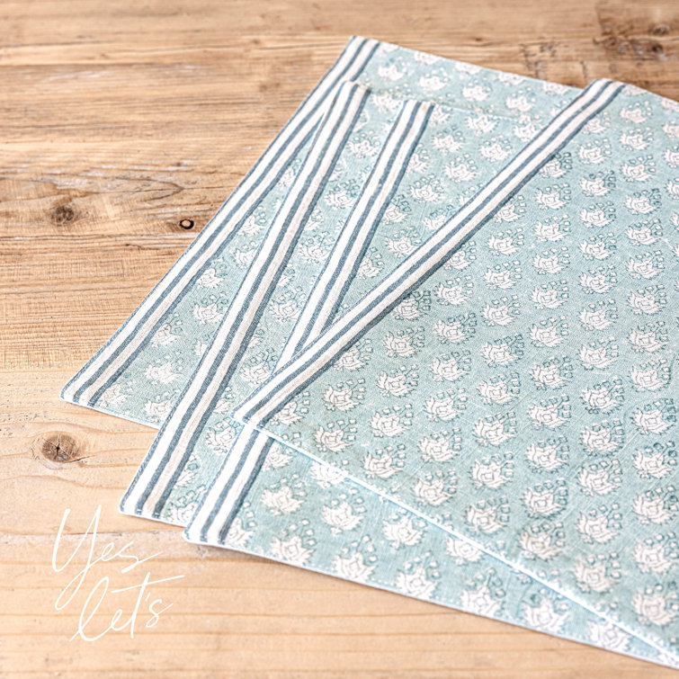Hand-Blocked Blue Leaf Cotton Placemats Set of 4