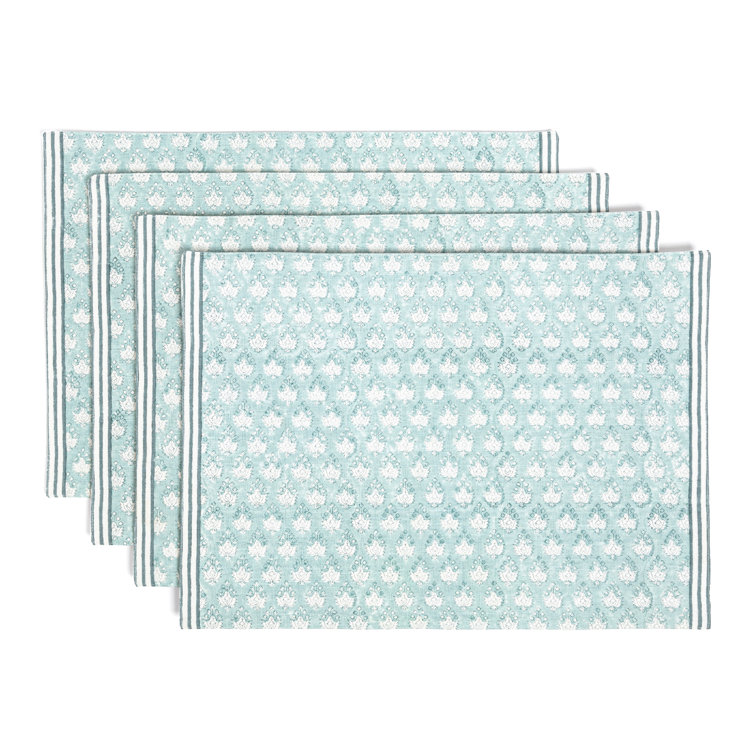 Hand-Blocked Blue Leaf Cotton Placemats Set of 4