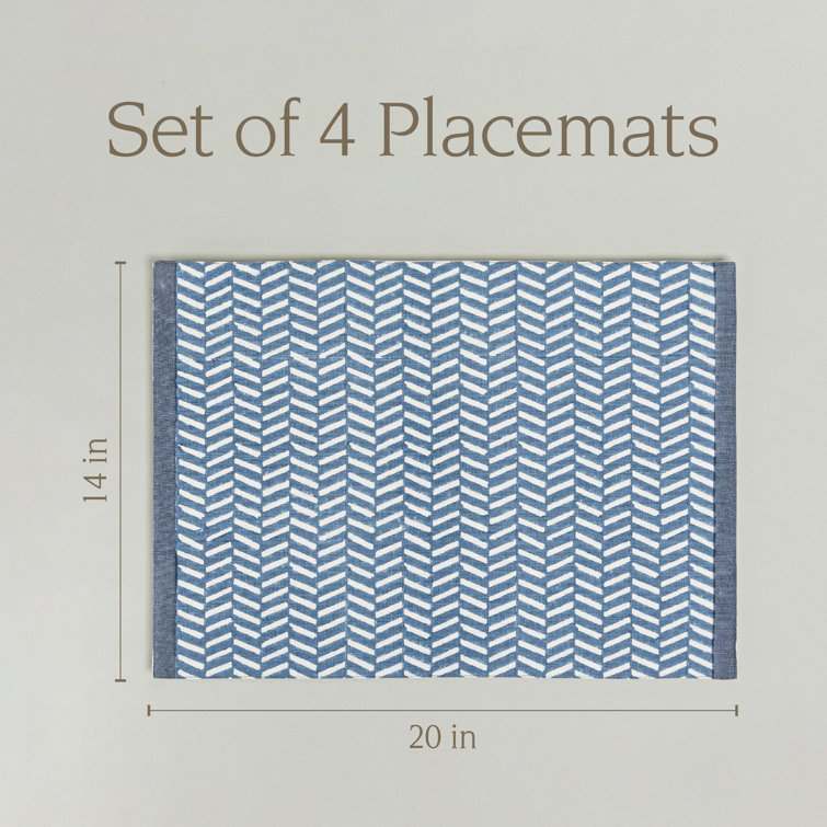Blue Herringbone Cotton Hand-Blocked Placemats Set of 4