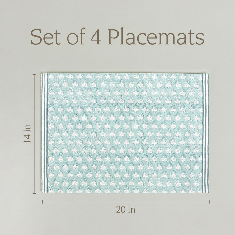 Hand-Blocked Blue Leaf Cotton Placemats Set of 4