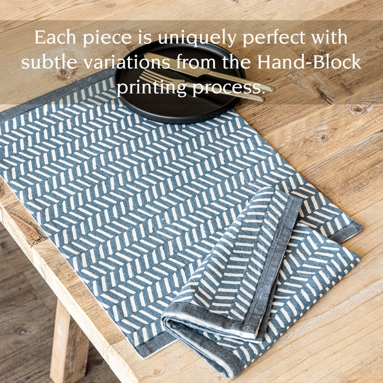 Blue Herringbone Cotton Hand-Blocked Placemats Set of 4